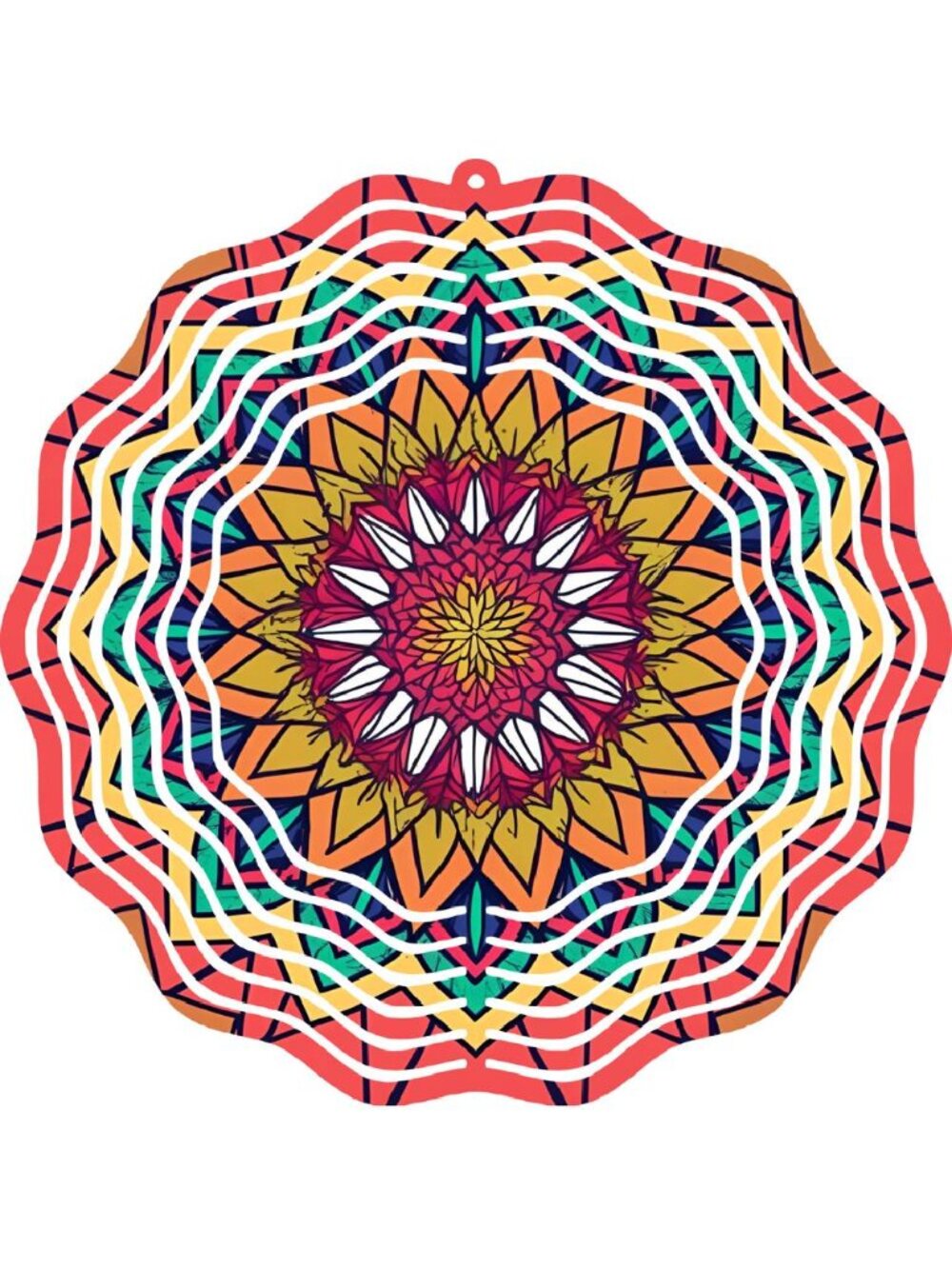 Mandala Wind Spinner 10" Red Orange Teal Metal Yard Art 3D Kinetic Garden Decor